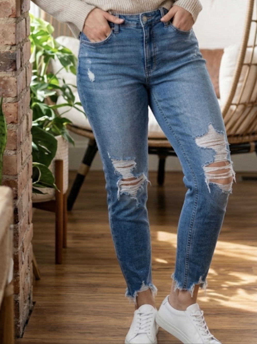 ASOS Distressed Skinny Ankle Jeans in Medium Blue